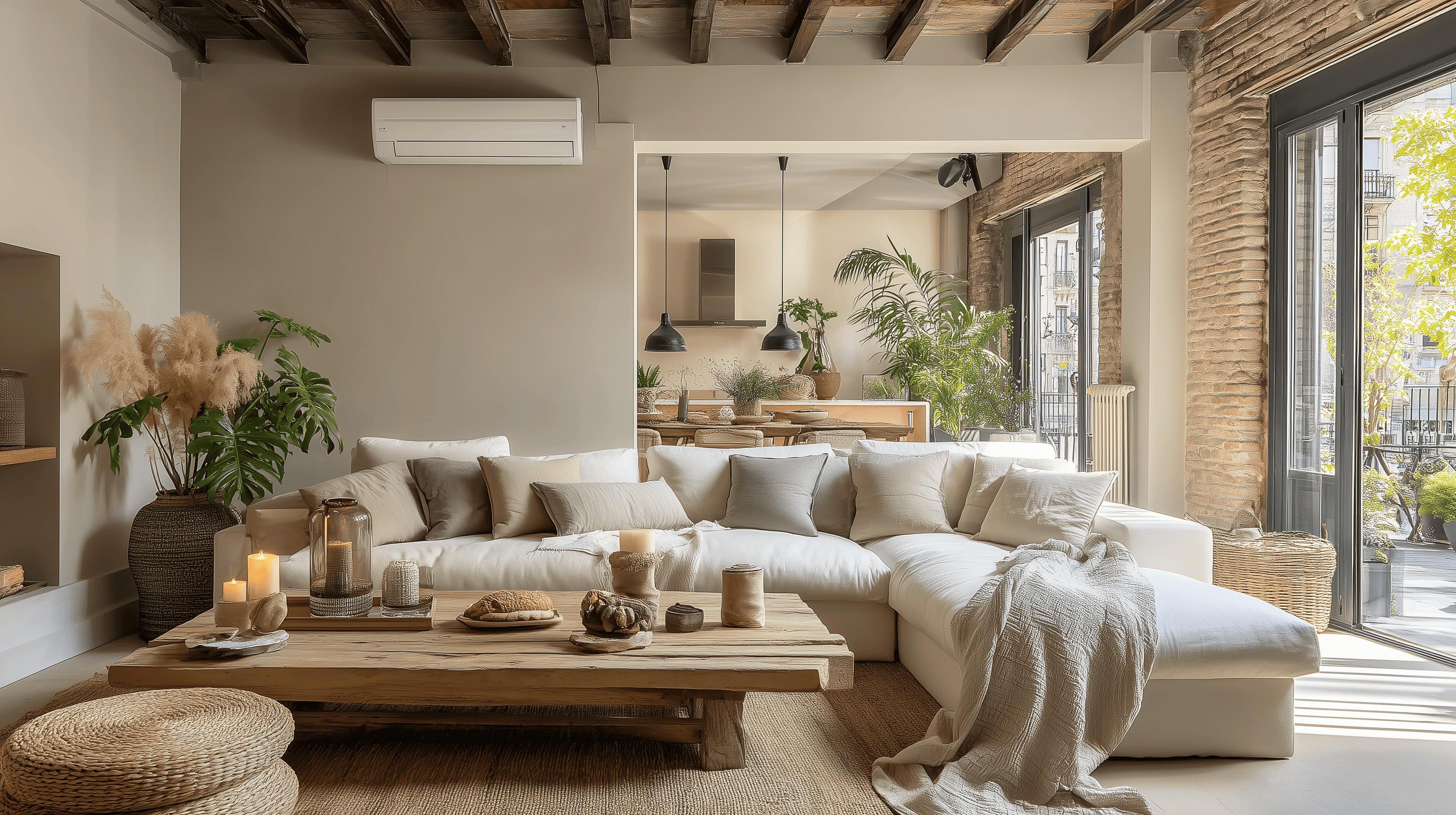 KATACHI Studio - Elegant interior with sage green walls and terracotta furniture overlooking surreal landscape